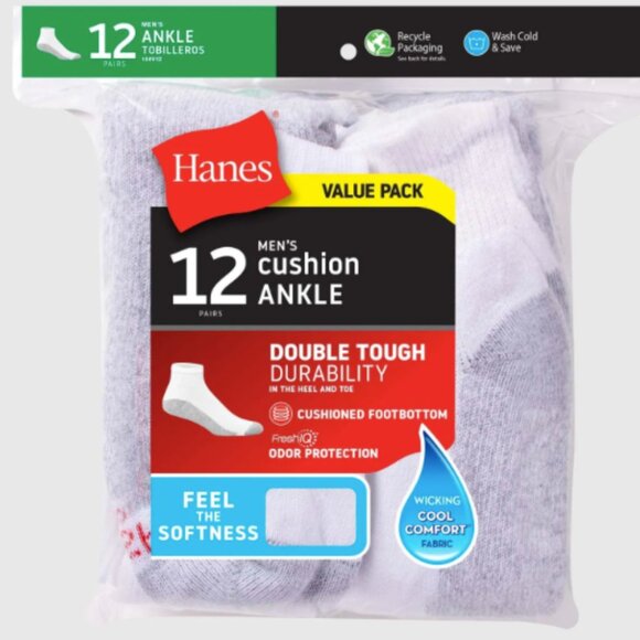 Hanes Men's Double Tough Durability Big & Tall Ankle Socks, Value Pack, 12-Pack - Picture 1 of 4